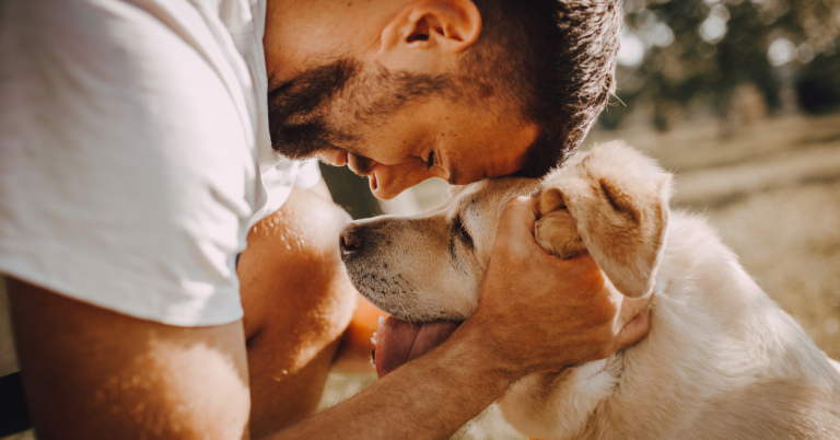 man with his senior dog in houston texas