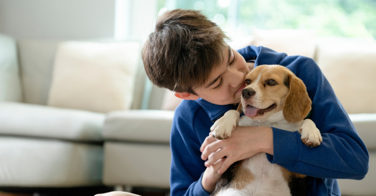 older child with dog at home euthanasia houston katy texas