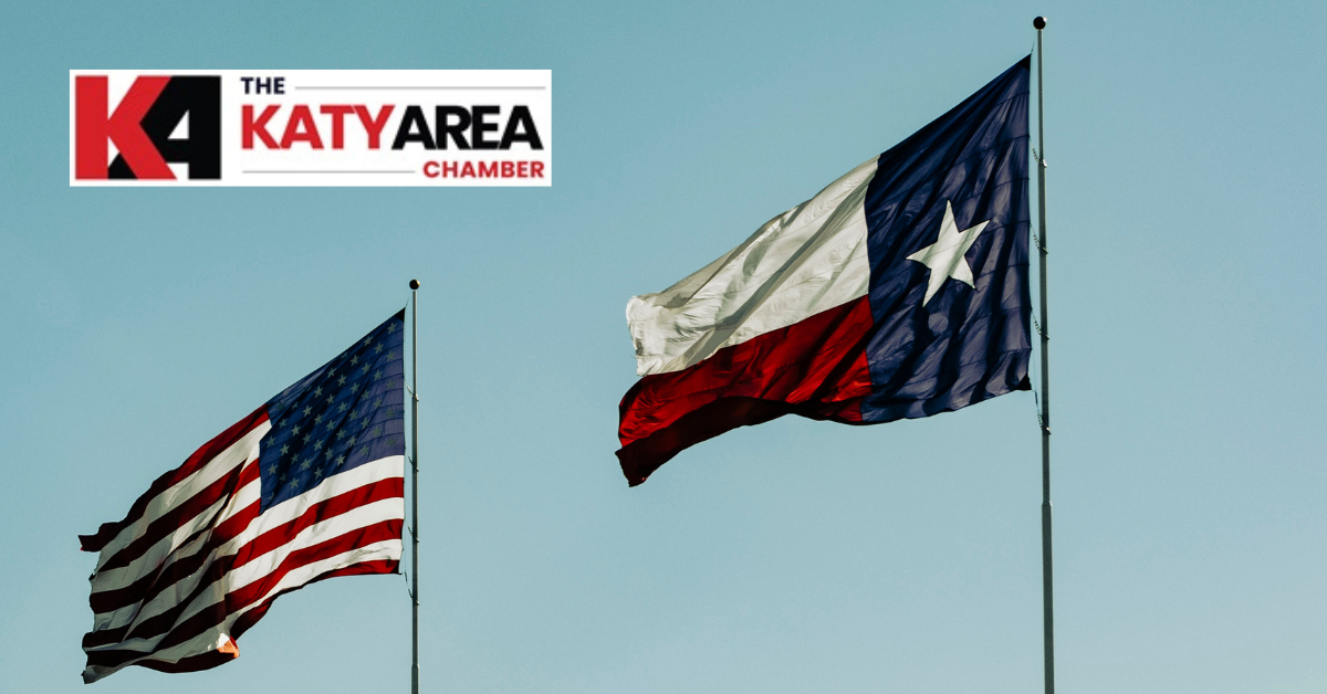 American and Texas Flag in Katy Texas with the Katy Area Chamber of Commerce Logo
