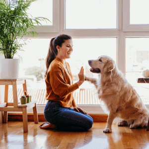 dog walker playing with a dog inside a Katy, Texas home